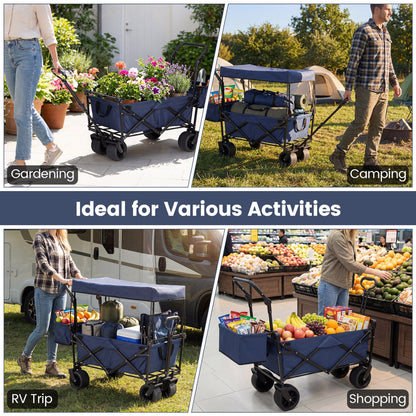 GemGear collapsible wagon with canopy and storage bag navy blue shown in gardening and camping on Tampa Home & Garden Store