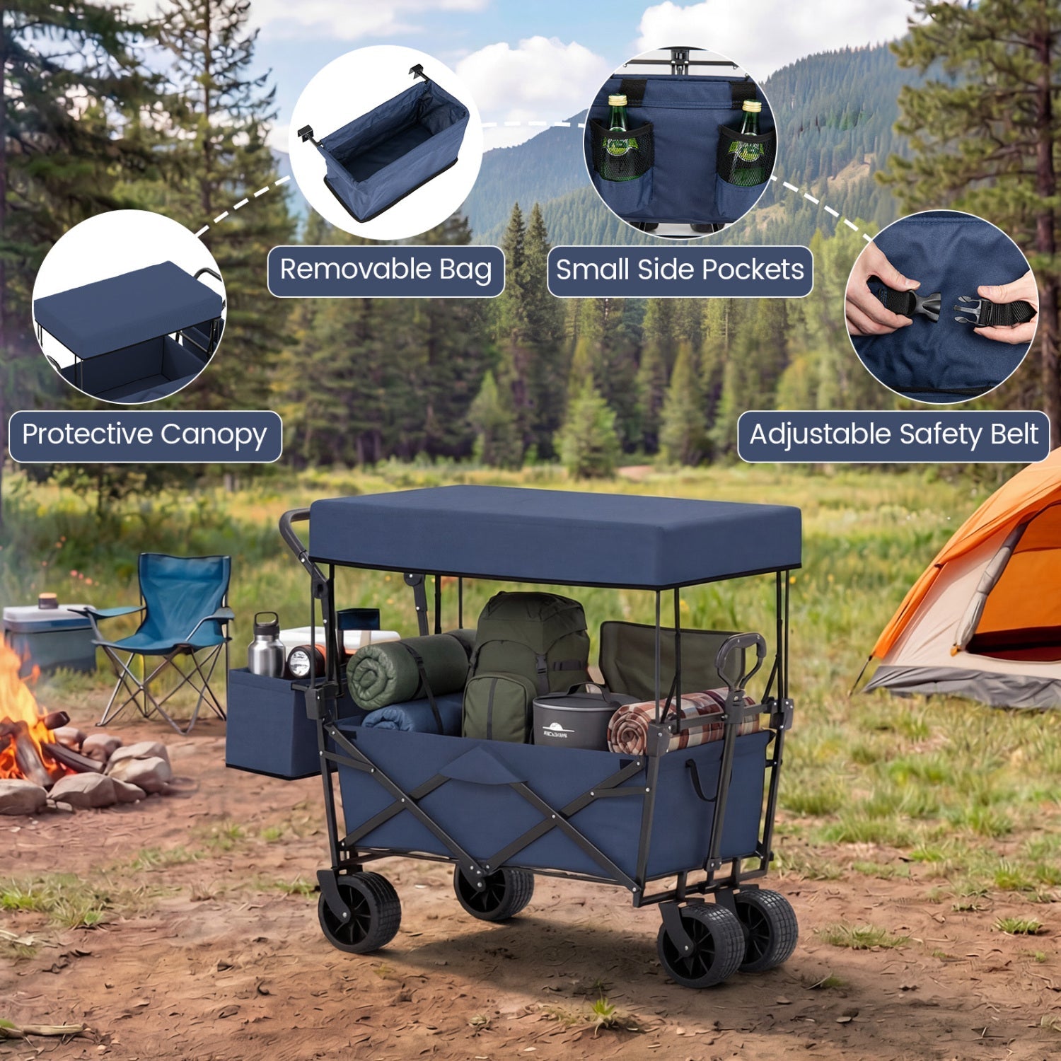 GemGear Collapsible Wagon with navy canopy, detachable storage bag, 4 wheels on Tampa Home & Garden Store