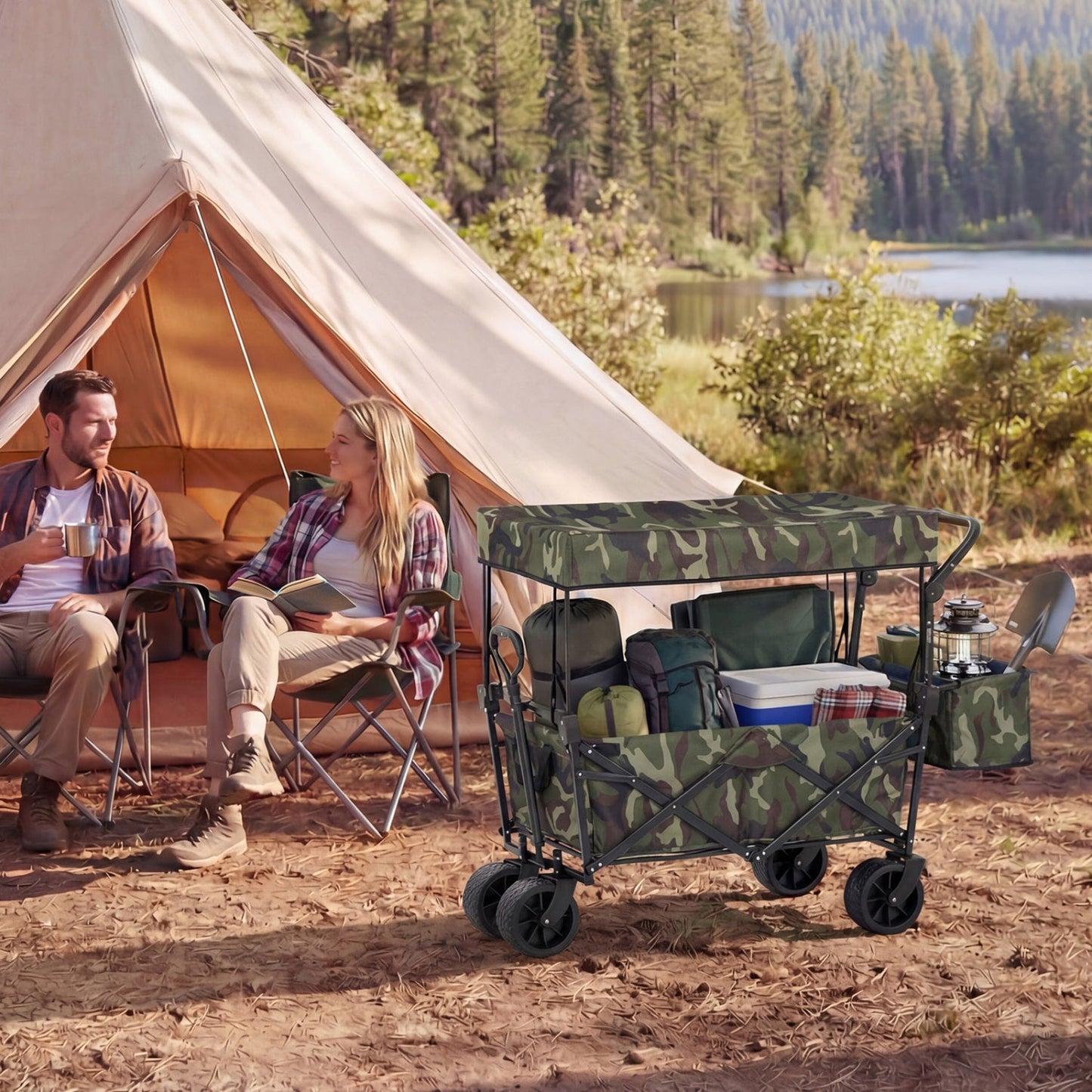 Collapsible wagon with camo canopy and detachable bag by GemGear, 4-wheeled at campsite on Tampa Home & Garden Store