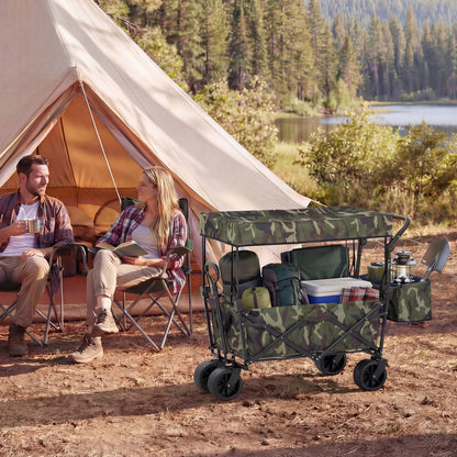 Collapsible wagon with camo canopy and detachable bag by GemGear, 4-wheeled at campsite on Tampa Home & Garden Store
