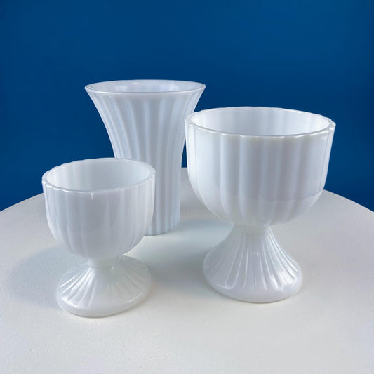 Collection of 3 Vintage Milk Glass Fluted Vases or Planters. Elegant White Minimal Design. Modern Home Decor. Window Sill Garden. - Tampa Home & Garden Store