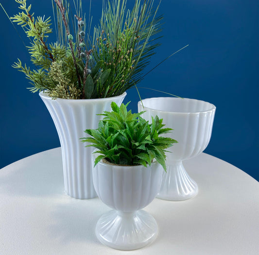 Collection of 3 Vintage Milk Glass Fluted Vases or Planters. Elegant White Minimal Design. Modern Home Decor. Window Sill Garden. - Tampa Home & Garden Store