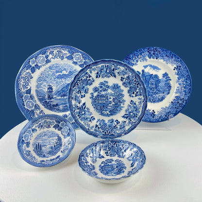 Collection of Fine English Blue White Tableware. 3 Plates & 2 Berry Bowls. Lochs of Scotland. Huddington Court. Tonquin by Mott. Rustic Home - Tampa Home & Garden Store