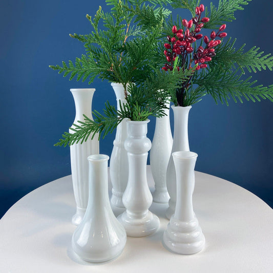Collection of Milk Glass Vases. Set of Seven. Varying Shapes and Sizes. Contemporary Designs. White Kitchen, Dining, or Living Room Decor. - Tampa Home & Garden Store