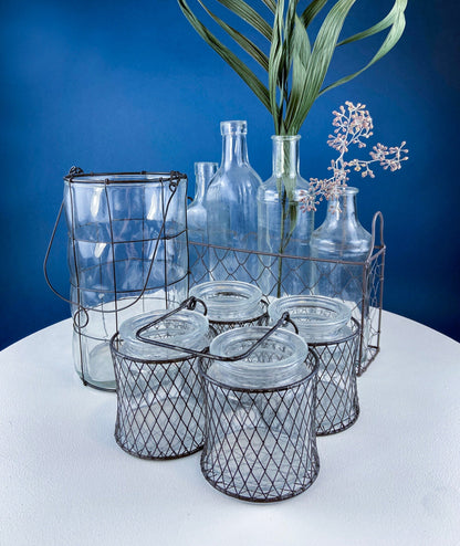 Collection of Rustic, Clear Glass Jars & Bottles with Metal Wire Baskets. Three Sets of Flower Vases or Candle Holders. Modern Farmhouse. - Tampa Home & Garden Store