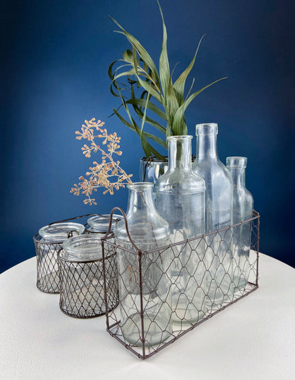 Collection of Rustic, Clear Glass Jars & Bottles with Metal Wire Baskets. Three Sets of Flower Vases or Candle Holders. Modern Farmhouse. - Tampa Home & Garden Store