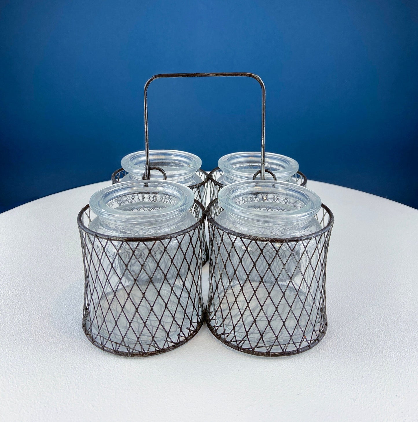 Collection of Rustic, Clear Glass Jars & Bottles with Metal Wire Baskets. Three Sets of Flower Vases or Candle Holders. Modern Farmhouse. - Tampa Home & Garden Store