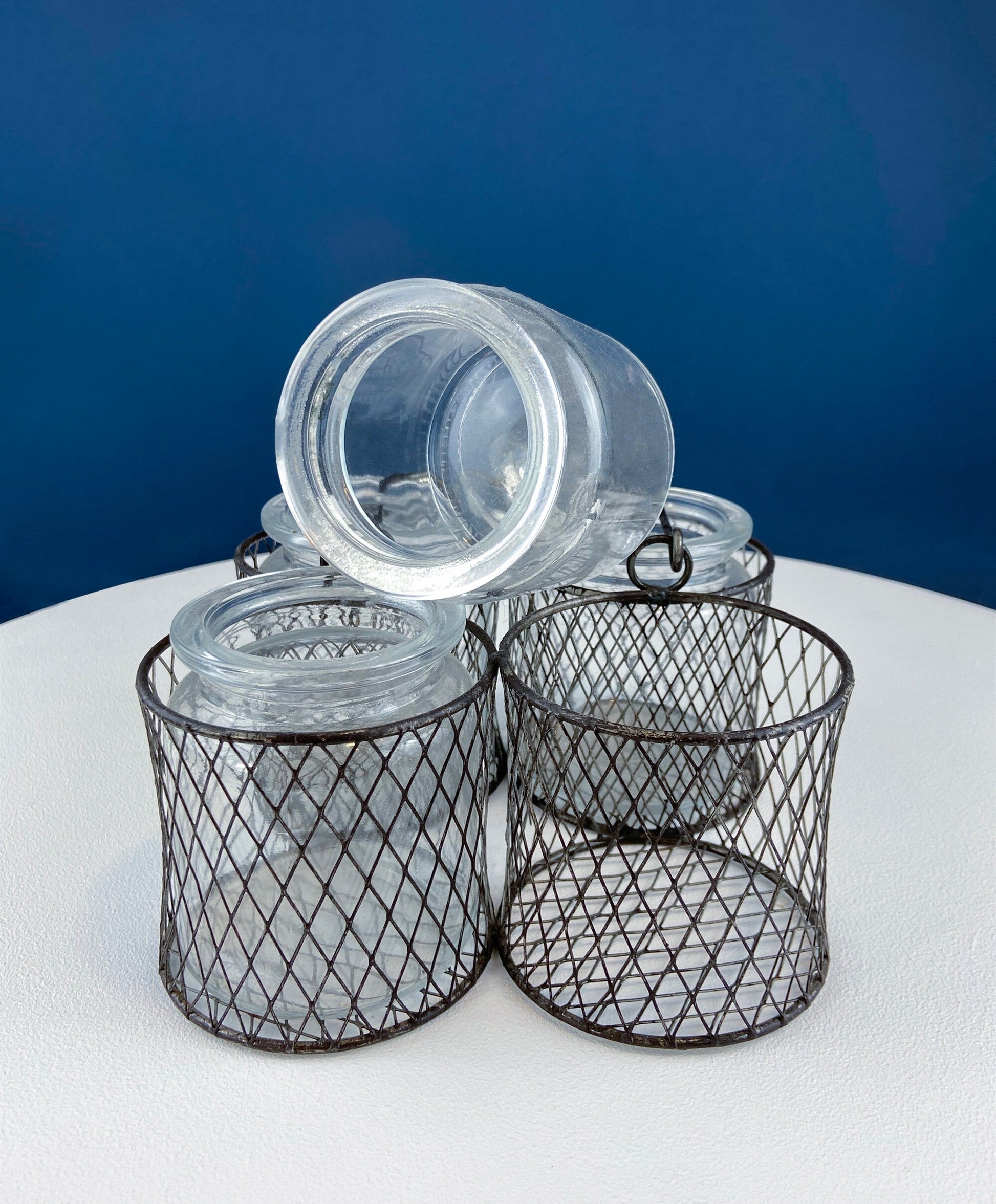 Collection of Rustic, Clear Glass Jars & Bottles with Metal Wire Baskets. Three Sets of Flower Vases or Candle Holders. Modern Farmhouse. - Tampa Home & Garden Store