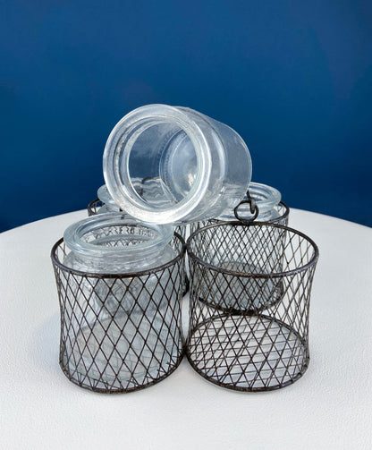 Collection of Rustic, Clear Glass Jars & Bottles with Metal Wire Baskets. Three Sets of Flower Vases or Candle Holders. Modern Farmhouse. - Tampa Home & Garden Store