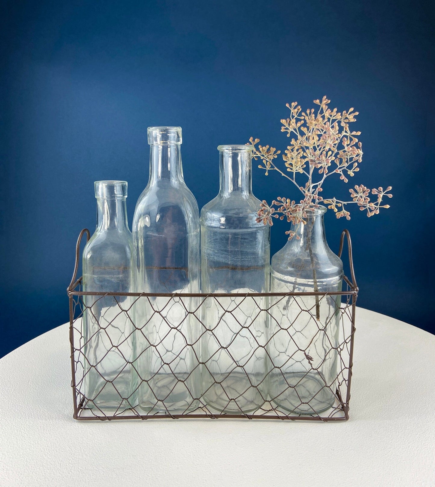 Collection of Rustic, Clear Glass Jars & Bottles with Metal Wire Baskets. Three Sets of Flower Vases or Candle Holders. Modern Farmhouse. - Tampa Home & Garden Store