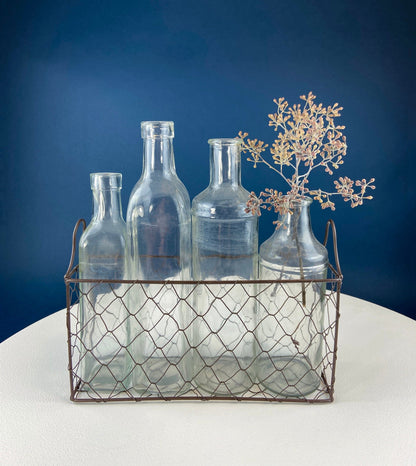 Collection of Rustic, Clear Glass Jars & Bottles with Metal Wire Baskets. Three Sets of Flower Vases or Candle Holders. Modern Farmhouse. - Tampa Home & Garden Store