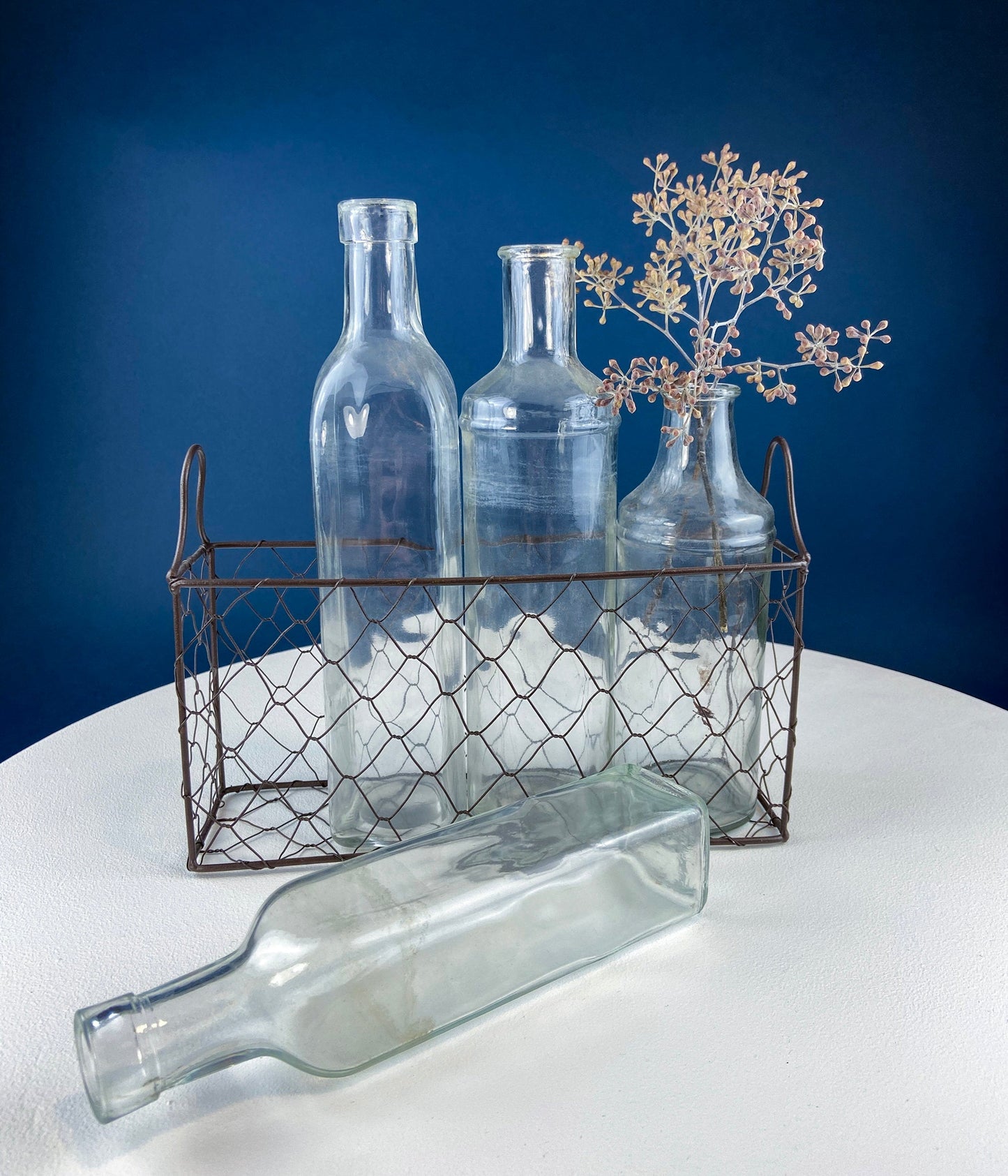 Collection of Rustic, Clear Glass Jars & Bottles with Metal Wire Baskets. Three Sets of Flower Vases or Candle Holders. Modern Farmhouse. - Tampa Home & Garden Store