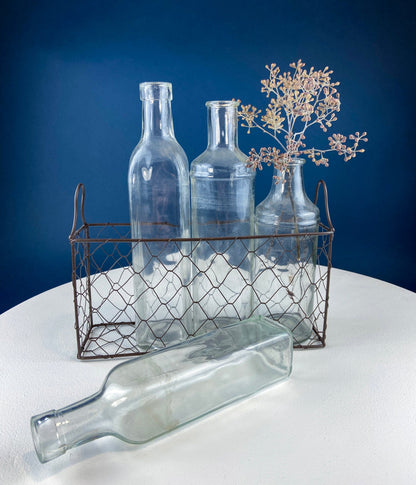 Collection of Rustic, Clear Glass Jars & Bottles with Metal Wire Baskets. Three Sets of Flower Vases or Candle Holders. Modern Farmhouse. - Tampa Home & Garden Store