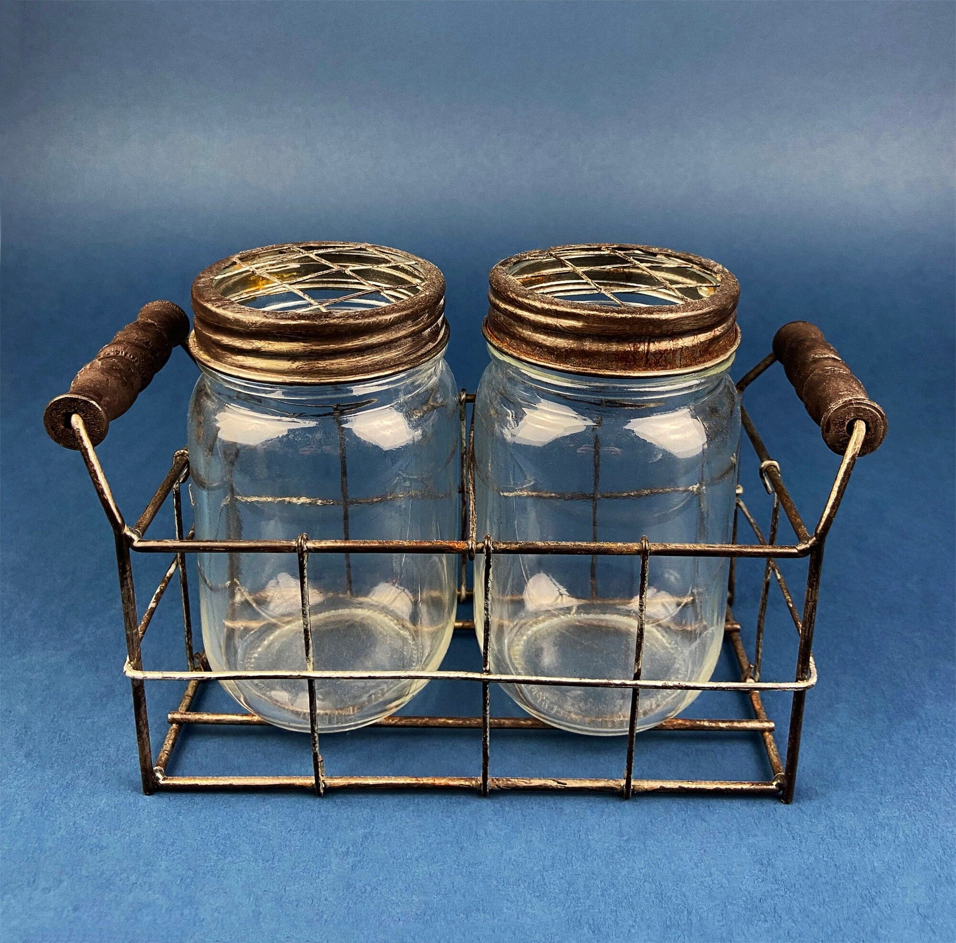 Collection of Rustic, Clear Glass Jars & Bottles with Metal Wire Baskets. Three Sets of Flower Vases or Candle Holders. Modern Farmhouse. - Tampa Home & Garden Store