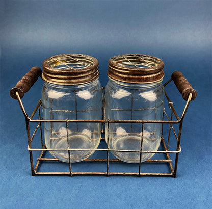 Collection of Rustic, Clear Glass Jars & Bottles with Metal Wire Baskets. Three Sets of Flower Vases or Candle Holders. Modern Farmhouse. - Tampa Home & Garden Store