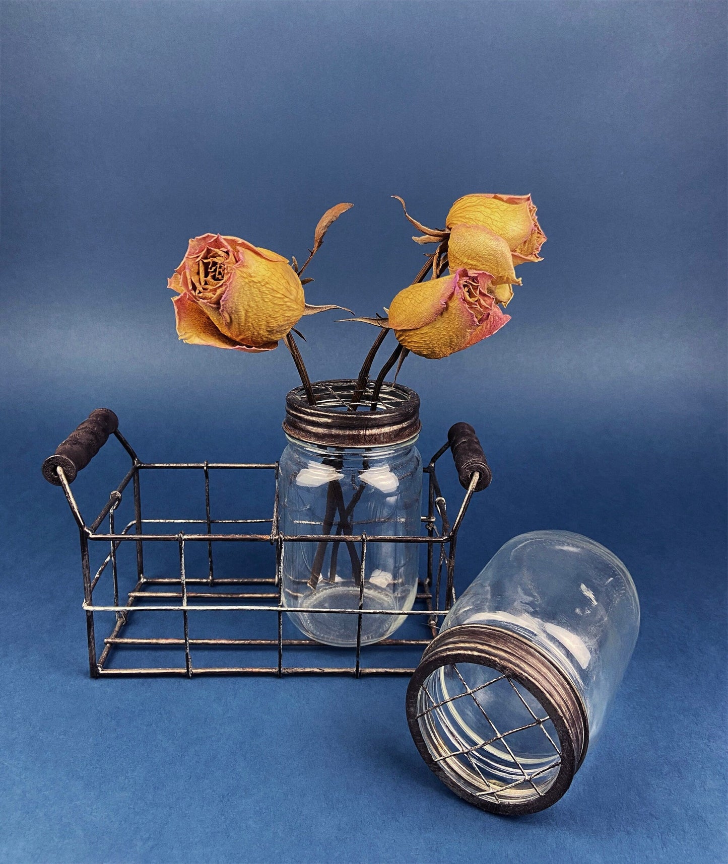 Collection of Rustic, Clear Glass Jars & Bottles with Metal Wire Baskets. Three Sets of Flower Vases or Candle Holders. Modern Farmhouse. - Tampa Home & Garden Store