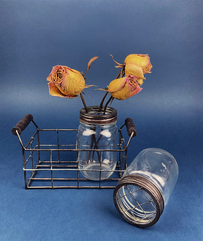 Collection of Rustic, Clear Glass Jars & Bottles with Metal Wire Baskets. Three Sets of Flower Vases or Candle Holders. Modern Farmhouse. - Tampa Home & Garden Store