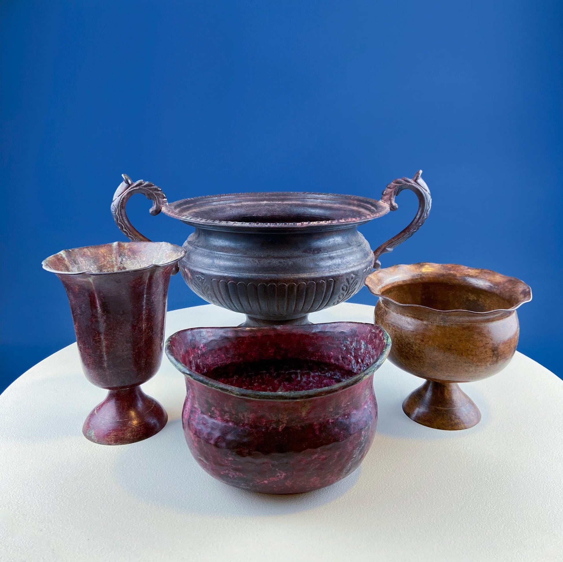 Collection of Rustic Metal Urns Jardinieres. Flower Arrangements or Herb Garden. Set of 4 Planters. Home Retail Decor. Florist Supplies. - Tampa Home & Garden Store
