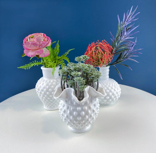 Collection of Vintage Milk Glass Hobnail Vases. Set of 3 Varying Shapes & Sizes. Home, Retail, Cafe Display. Modern Farmhouse. Gift for Her. - Tampa Home & Garden Store