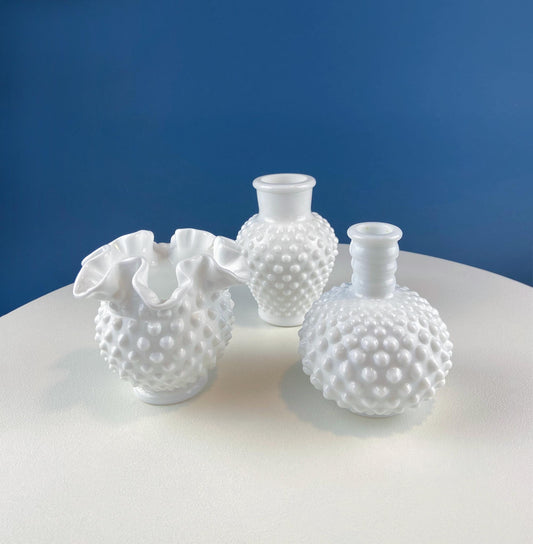 Collection of Vintage Milk Glass Hobnail Vases. Set of 3 Varying Shapes & Sizes. Home, Retail, Cafe Display. Modern Farmhouse. Gift for Her. - Tampa Home & Garden Store