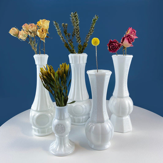 Collection of White Milk Glass Vases with Coin Imprint. Set of Five in Varying Shapes & Sizes. Contemporary Cottage or Modern Farmhouse. - Tampa Home & Garden Store