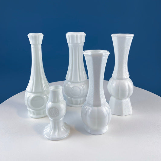 Collection of White Milk Glass Vases with Coin Imprint. Set of Five in Varying Shapes & Sizes. Contemporary Cottage or Modern Farmhouse. - Tampa Home & Garden Store