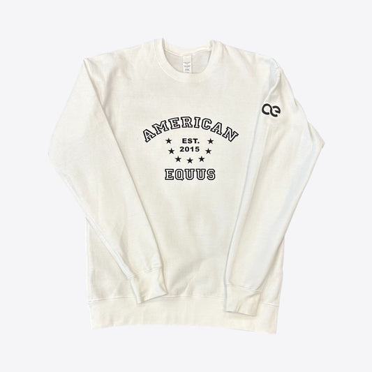 American Equus collegiate crewneck sweatshirt with black arched graphic and AE sleeve logo on Tampa Home & Garden Store