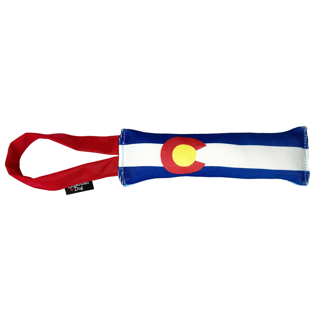 Fire Hose Dog Toy Tug blue white tube with Colorado flag ring red handle by American Dog on Tampa Home & Garden Store