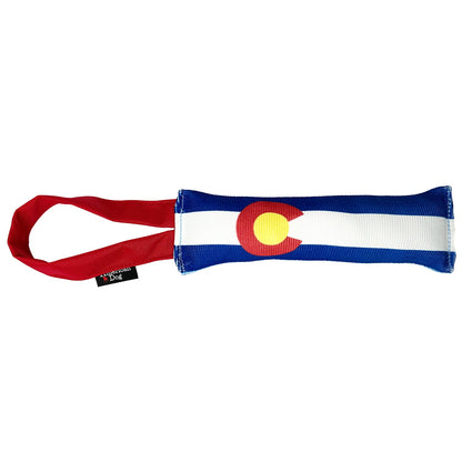Fire Hose Dog Toy Tug blue white tube with Colorado flag ring red handle by American Dog on Tampa Home & Garden Store