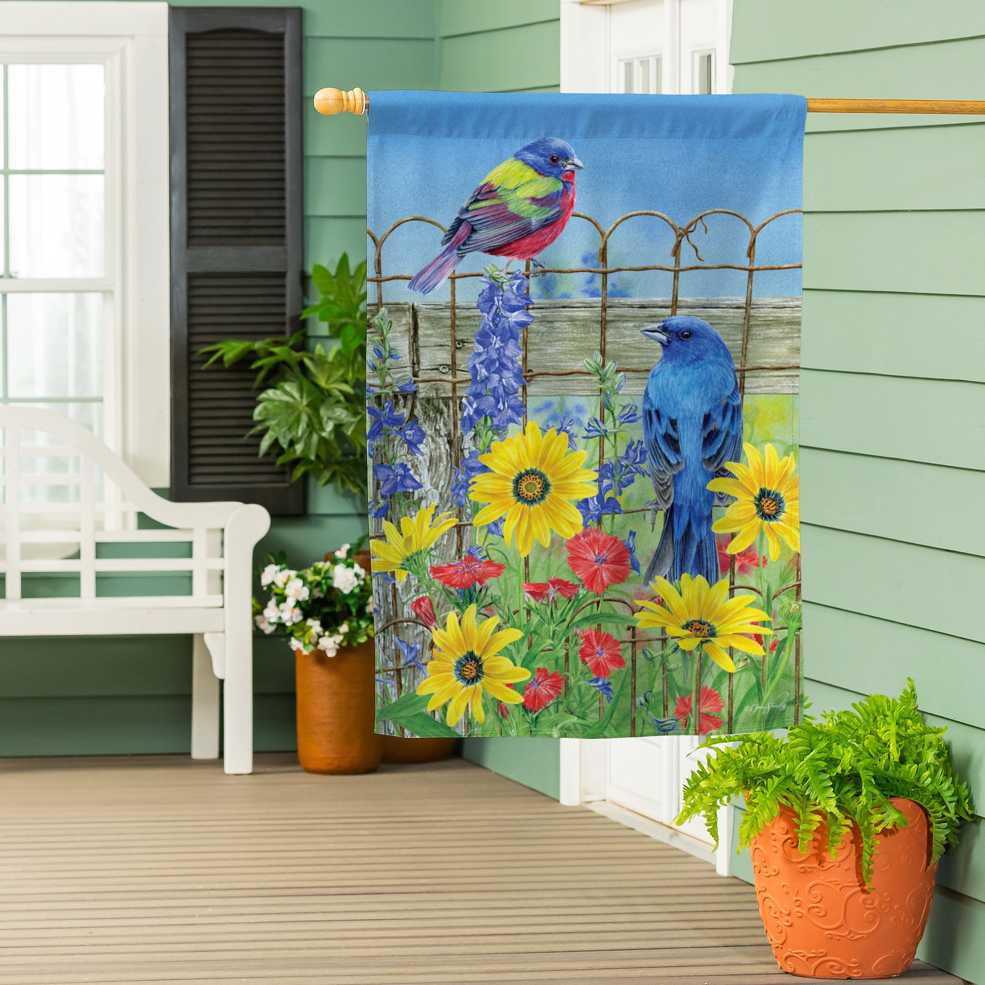Colorful Songbird Fence Suede House Flag - Tampa Home & Garden Store