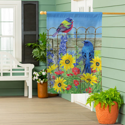 Colorful Songbird Fence Suede House Flag - Tampa Home & Garden Store