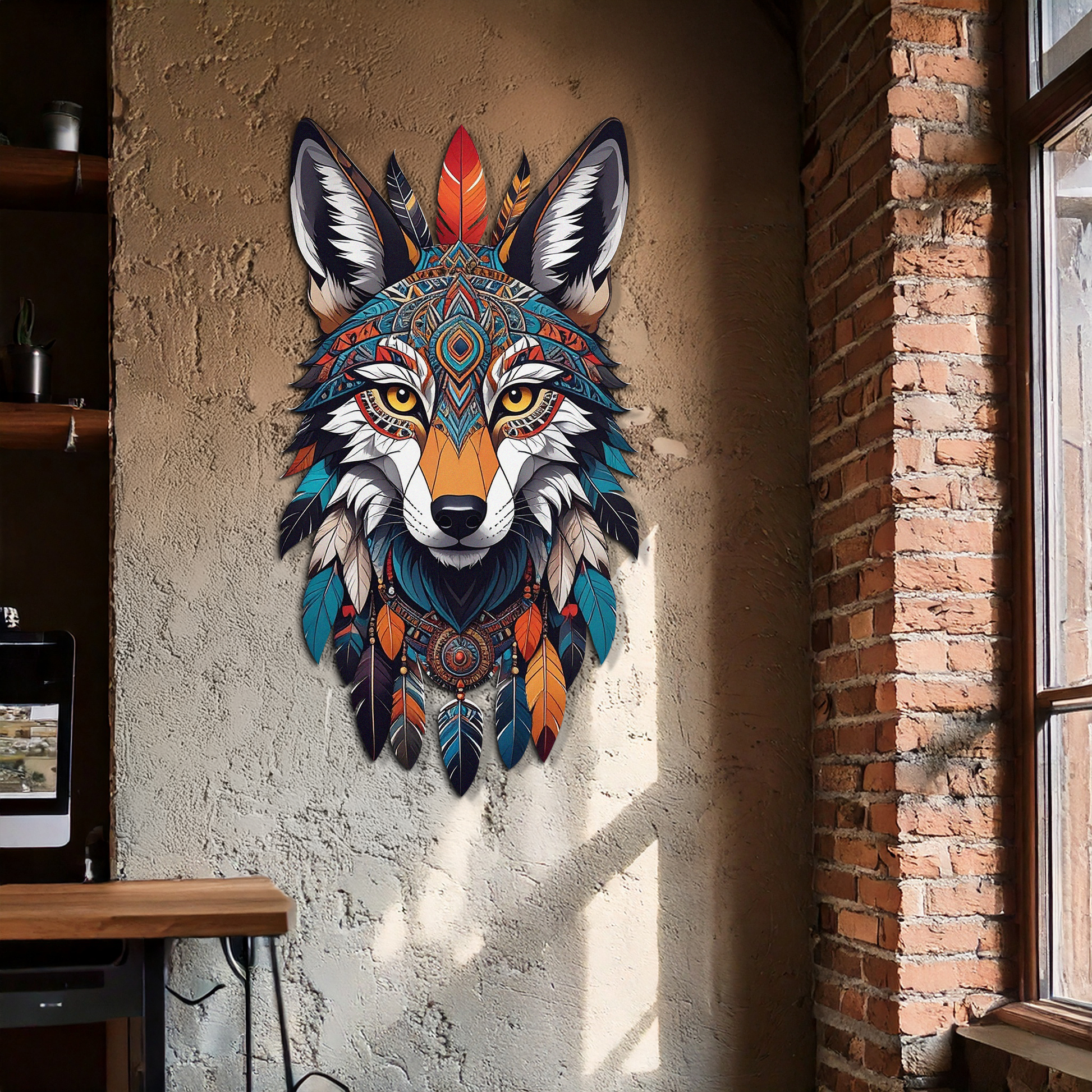 Colorful Tribal Wolf Metal Wall Art – Spirit Animal UV Decor-KAFUVM002 - Tampa Home & Garden Store