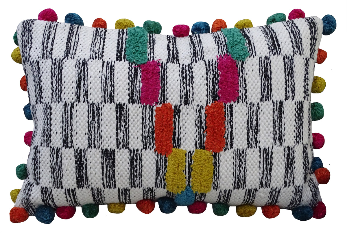 Vibhsa lumbar pillow 14x24 with black and white striped weave and multicolor pom-poms on Tampa Home & Garden Store
