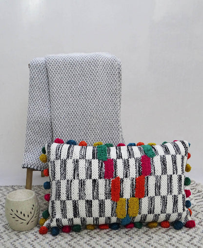 Lumbar pillow pair, black and white with multicolor pom-poms, 14x24 by Vibhsa on Tampa Home & Garden Store