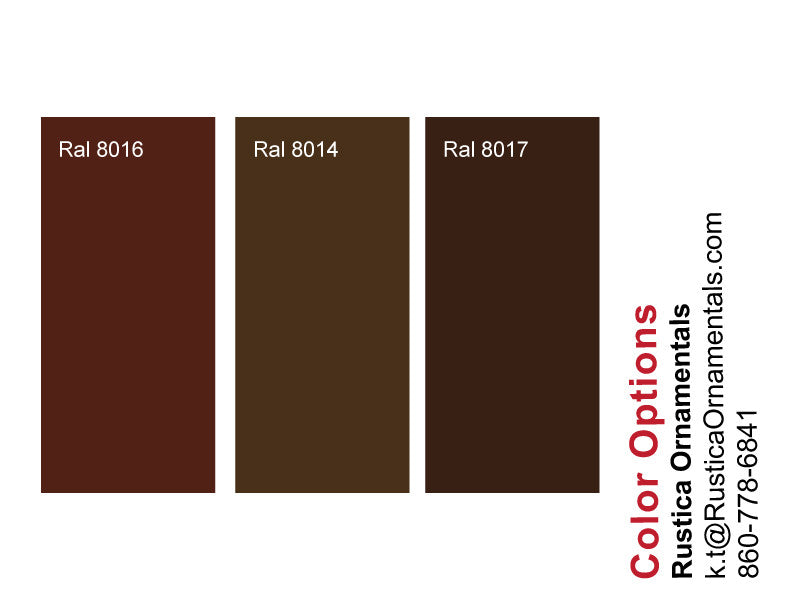 Coffee or Tea Welcome Sign Rustica Ornamentals; three brown swatches RAL 8016/8014/8017 on Tampa Home & Garden Store