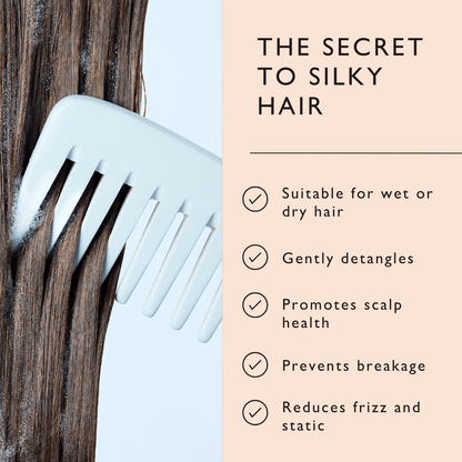 The Haircare Duo + Bamboo Wide-Tooth Comb on dark hair in a split-layout product shot on Tampa Home & Garden Store