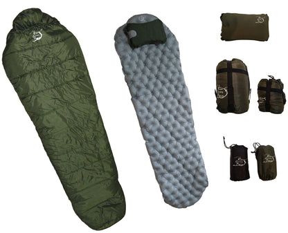 Sleeping bag, sleeping pad, and pillow combo set in olive green and gray by River Country Gear on Tampa Home & Garden Store