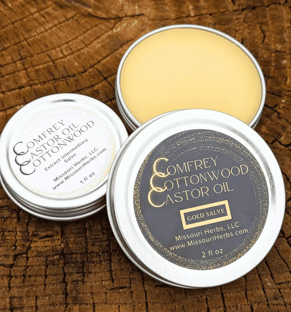 Comfrey & Cottonwood Castor Oil Gold Salve tins, yellow balm, 2 oz, MissouriHerbs, 3pack on Tampa Home & Garden Store