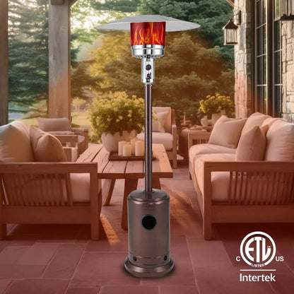 Commercial Series Patio Heater in aged chestnut finish, Fire Sense gas outdoor heater with circular shade on Tampa Home & Garden Store