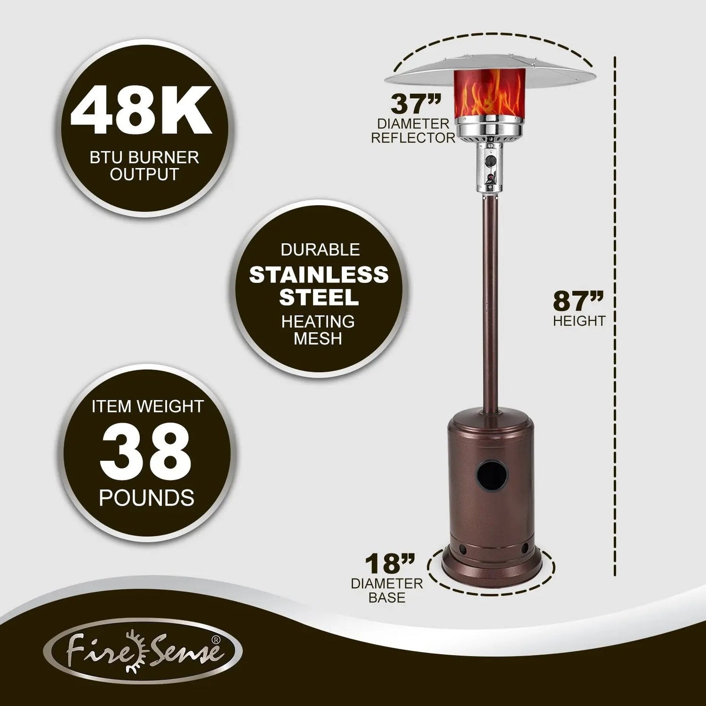 Commercial Series Patio Heater aged chestnut finish by Fire Sense, 87in tall on Tampa Home & Garden Store