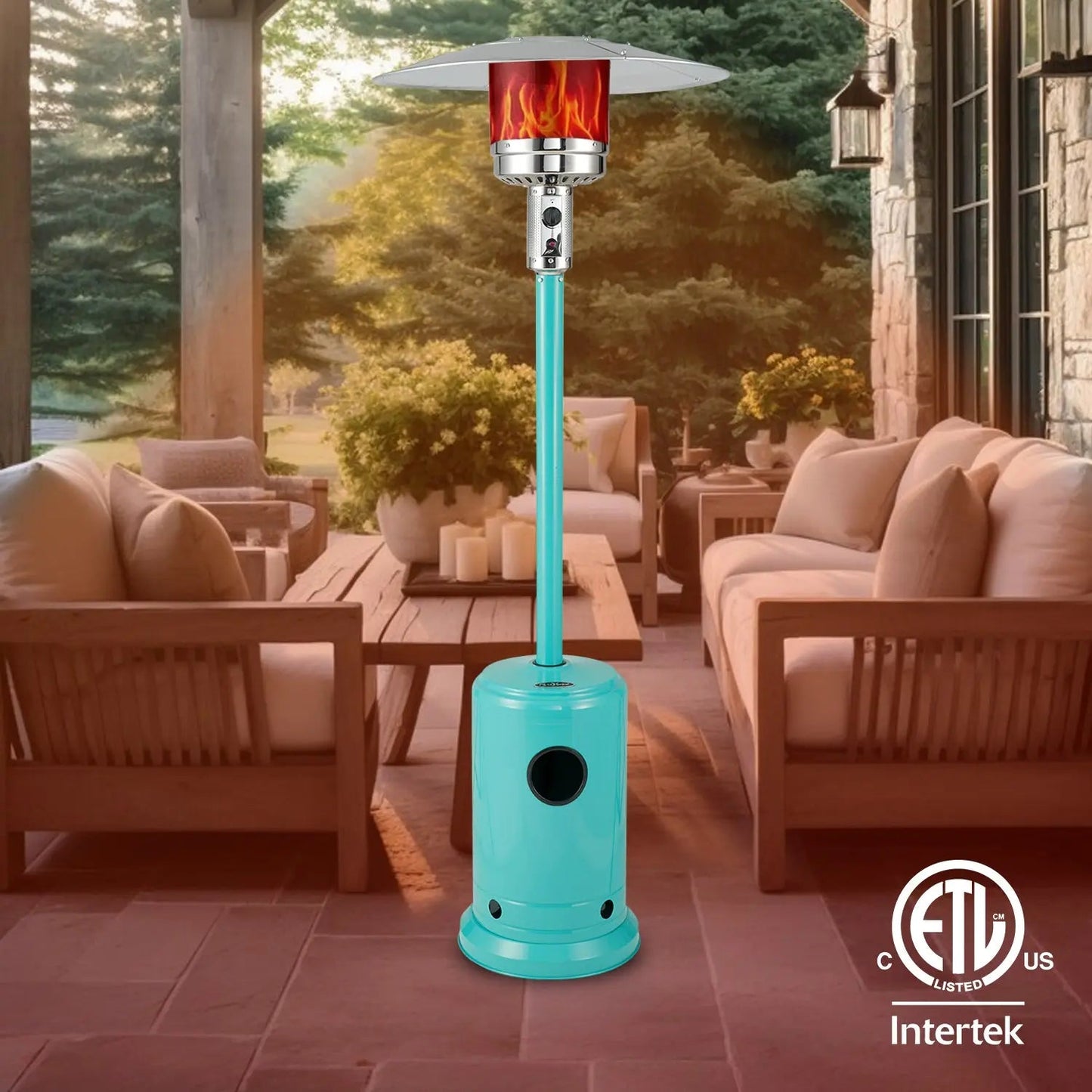 Commercial Series Aqua Blue gas patio heater by Fire Sense with teal base and umbrella-like top shade on Tampa Home & Garden Store