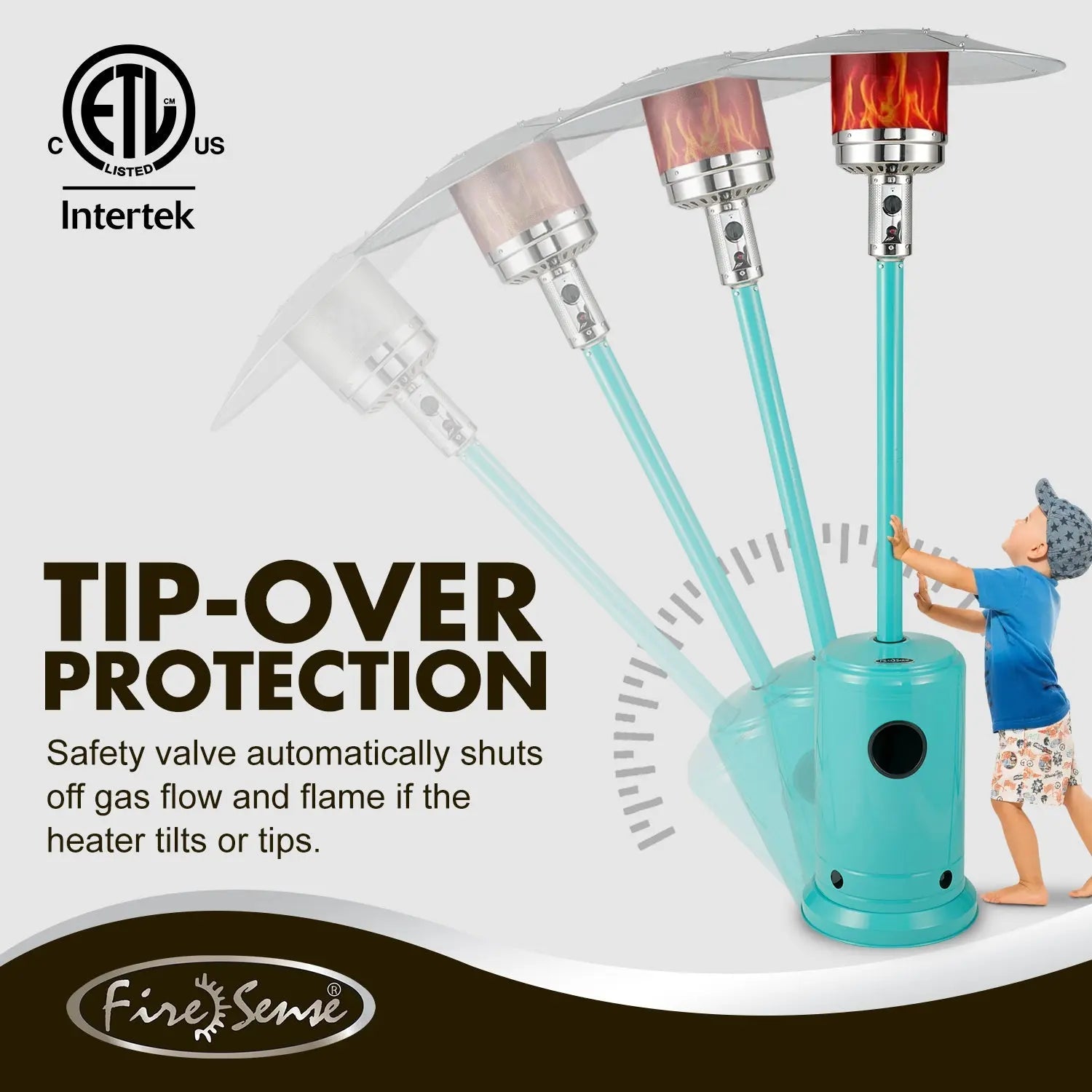 Gas patio heater aqua blue Fire Sense teal stem with 4 arms and flames on Tampa Home & Garden Store