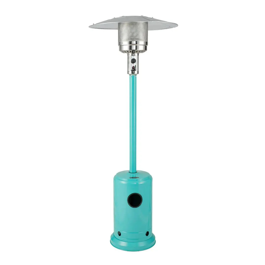 Commercial Series Aqua Blue gas patio heater with turquoise finish and stainless head on Tampa Home & Garden Store