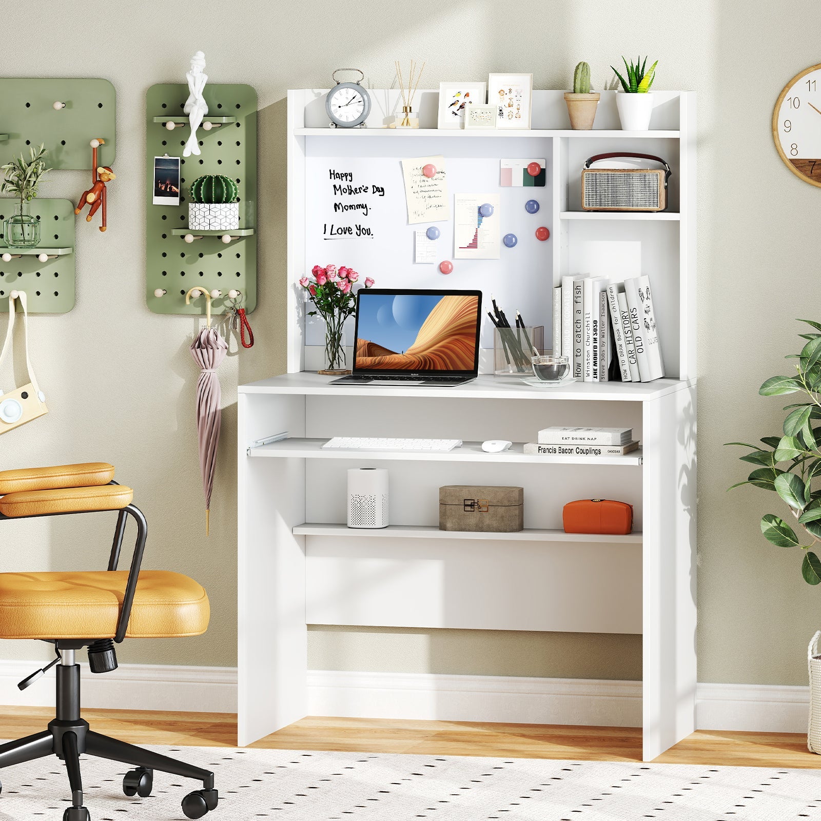 Compact Office Computer Desk with Hutch Magnetic Whiteboard-White - Tampa Home & Garden Store