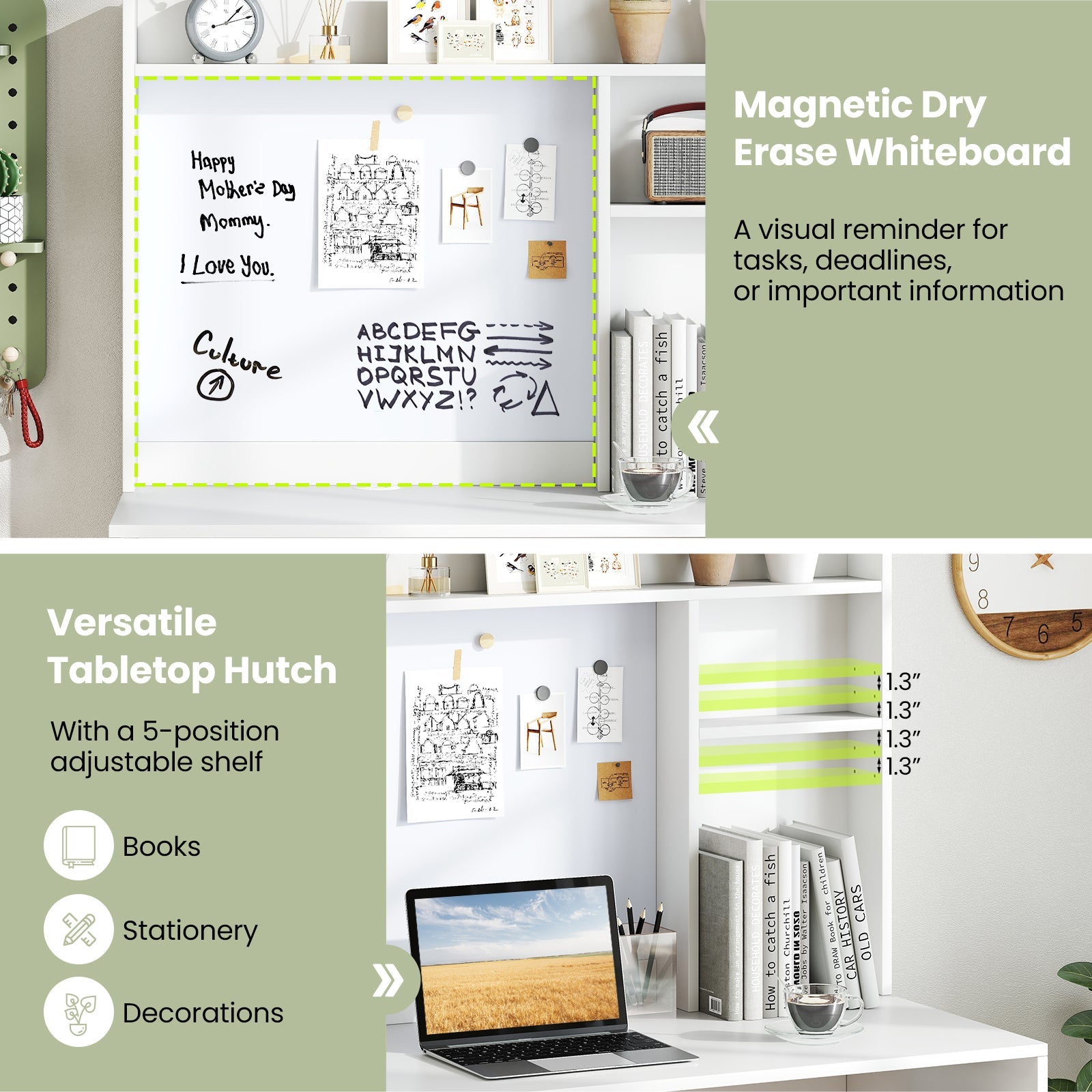 Compact Office Computer Desk with Hutch Magnetic Whiteboard-White - Tampa Home & Garden Store