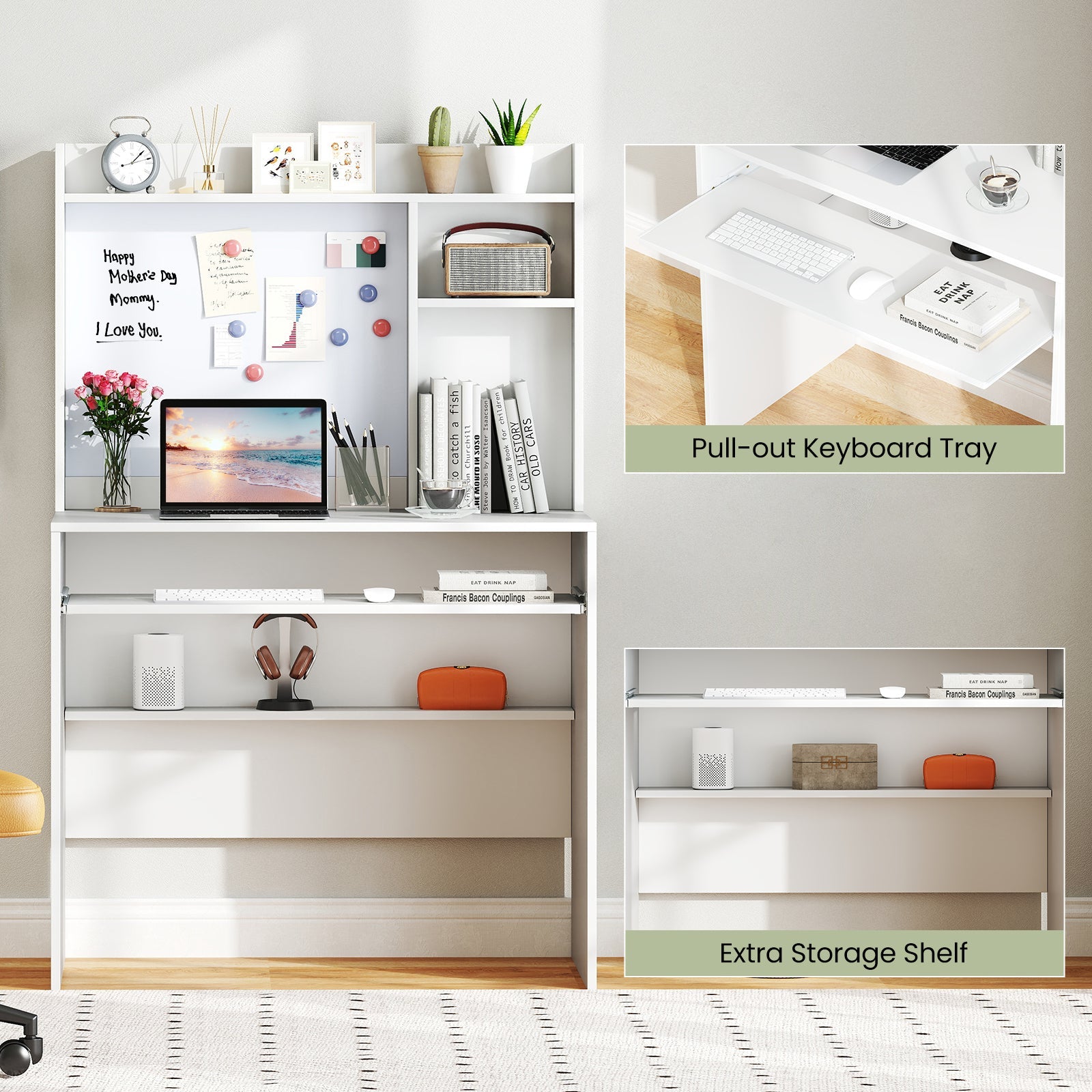 Compact Office Computer Desk with Hutch Magnetic Whiteboard-White - Tampa Home & Garden Store