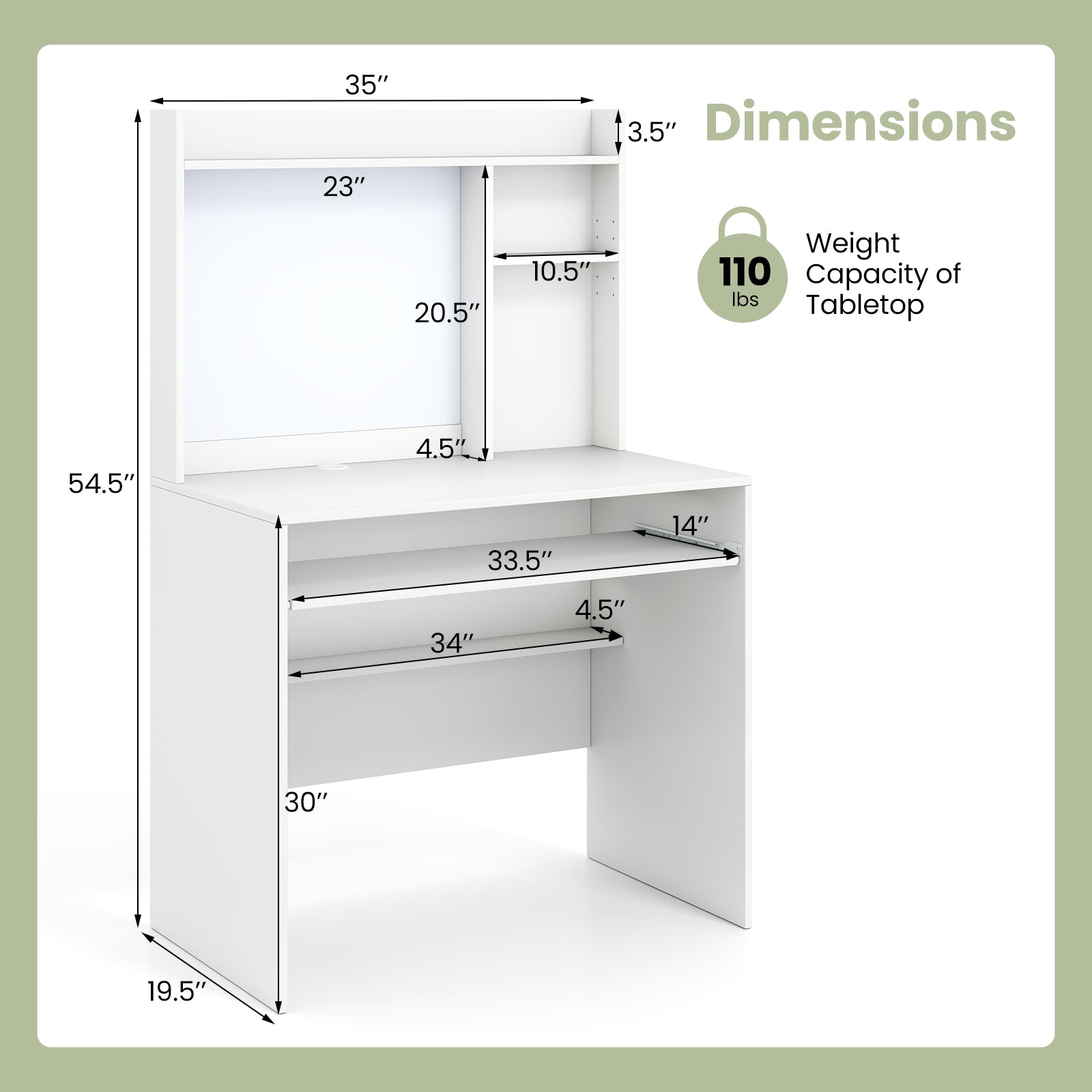 Compact Office Computer Desk with Hutch Magnetic Whiteboard-White - Tampa Home & Garden Store