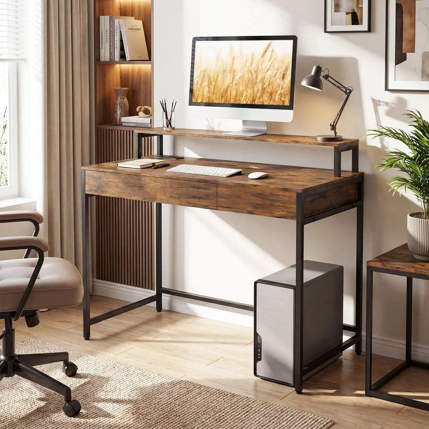 Compact Office Desk with Removable Monitor Shelf