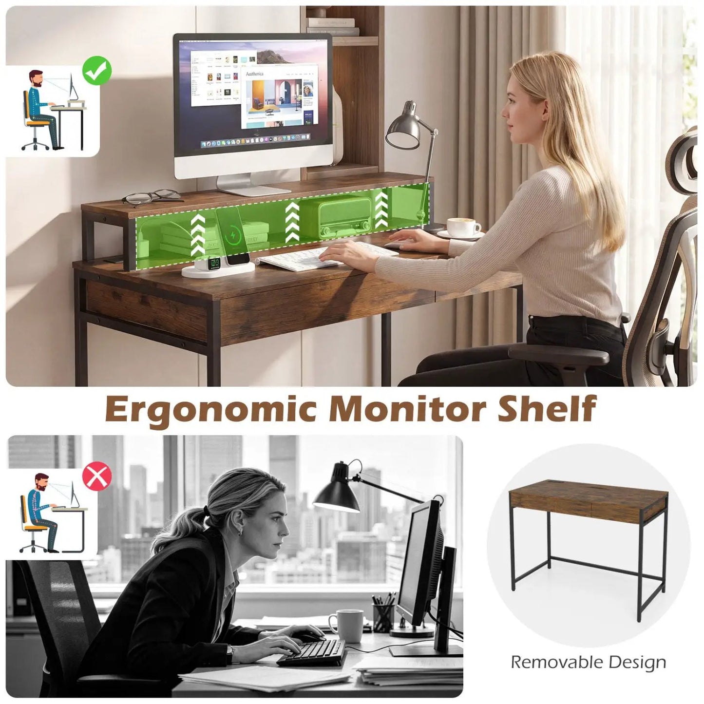 Compact Office Desk with Removable Monitor Shelf