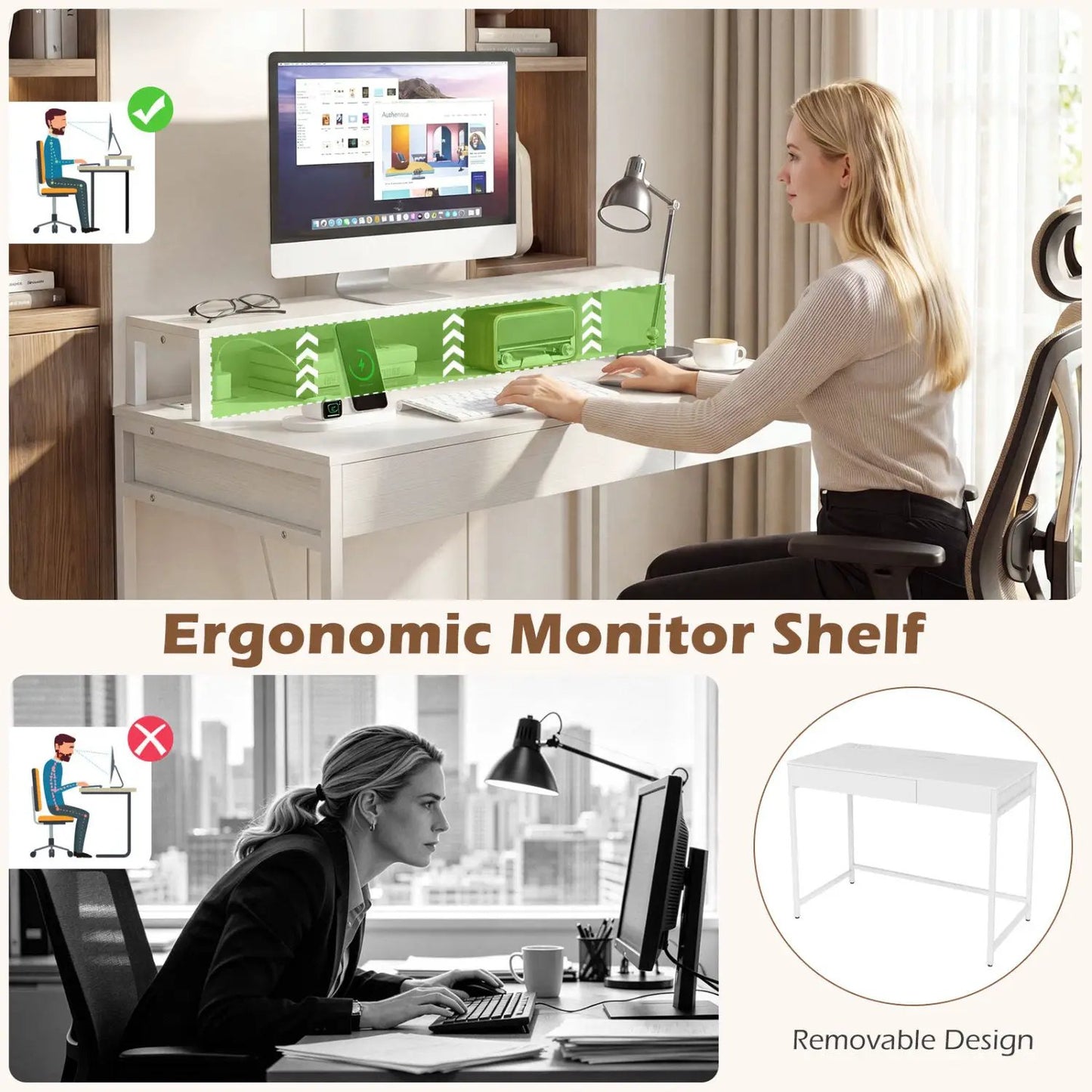 Compact Office Desk with Removable Monitor Shelf